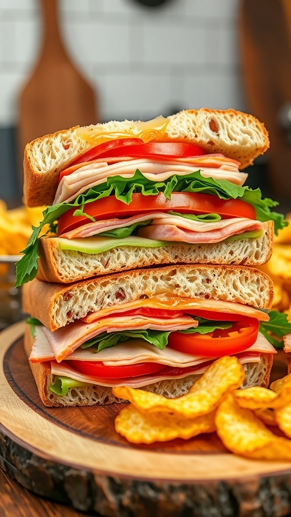 Sourdough Bread Sandwiches Recipe A hearty sourdough sandwich filled with meats, cheese, and vegetables on a wooden board with chips.